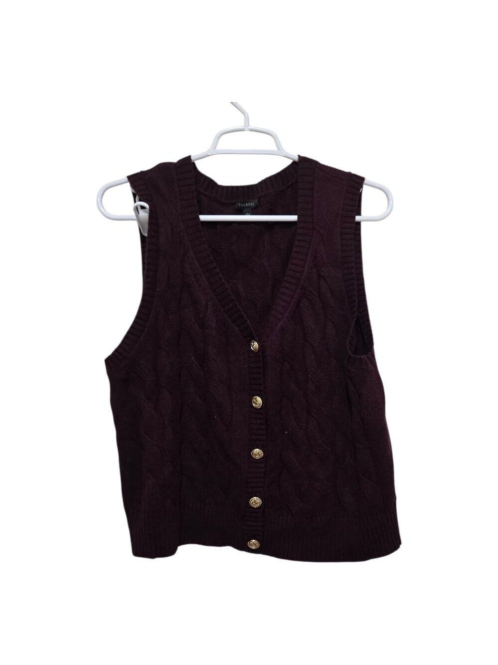 Talbots Cable Knit Sweater Vest Burgundy Button Front Large